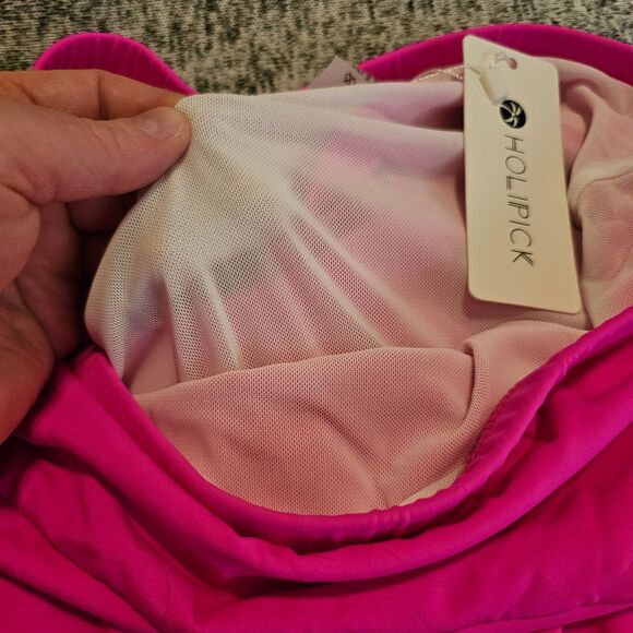 NWT SZ M Women's Tummy Control Ruched Drawstring High Waist Swim Skirt-Neon Pink - Picture 6 of 8